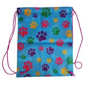 Fashion Angels Dog Paw Print Tote Bag Backpack Blue Pink Drawstring 16"x13"